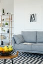 Cropped photo of a grey sofa, bookshelf in the background and ta