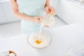 Cropped photo of housewife early morning weekend preparing cookies for family children husband making dough pouring