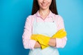 Cropped photo of positive freelancer cleaner girl cross hands ready disinfect house home wear style stylish trendy Royalty Free Stock Photo