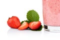 Cropped photo several sliced strawberries leaf juice isolated