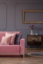 Cropped photo of a sofa, pillows, cabinet with flowers and empty