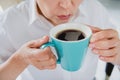 Cropped photo of tired overworked businesswoman lips trying taste sugar beverage coffee espresso morning sleepless Royalty Free Stock Photo