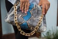 Cropped photo of trendy woman outfit with python leather bag. Royalty Free Stock Photo