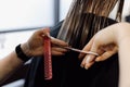 Cropped photo of woman beautician trimming tips of long wet hair of client with scissors, holding comb in beauty salon. Royalty Free Stock Photo