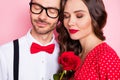 Cropped photo of young couple dream enjoy date feelings romance valentine day isolated over pink color background