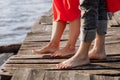 Cropped photo young lovers married couple, husband and wife, held of hands on a wooden bridge near lake. Rear view of Royalty Free Stock Photo