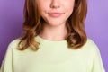 Cropped photo of young preteen girl lips mouth skincare beauty isolated over violet color background