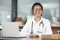 Waiting for my next patient. Cropped portrait of an attractive young female doctor working at her desk in the office. Royalty Free Stock Photo