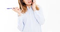 Cropped portrait of business girl with smartphone. Woman tolking on phone. Confident young manager. Copy space Royalty Free Stock Photo