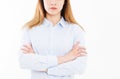 Cropped portrait of business woman with crossed arms, girl in shirt. Confident young manager,team building concept, copy space Royalty Free Stock Photo