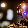 Cropped portrait of cyborg with full gold armor in copper color against blurred background with glowing LED eyes, made with