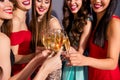 Cropped portrait of nice lovely glamorous magnificent stunning company cheerful trendy elegant ladies clinking