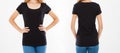 Cropped portrait set,collage woman in black t shirt, front and back views,copy space