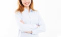 Cropped portrait of smile modern business woman isolated on white background, girl in shirt, team building, copy space Royalty Free Stock Photo