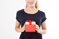 Cropped portrait of a smiling girl, woman holding stack of gift boxes isolated on white background. Holiday concept. Mock up Royalty Free Stock Photo