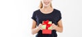 Cropped portrait of a smiling girl, woman holding stack of gift boxes isolated on white background. Holiday concept. Mock up, temp Royalty Free Stock Photo