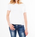 Cropped portrait of woman in t-shirt on white background.Mock up for design