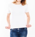Cropped portrait woman in white t-shirt isolation on white background, blank,copy space