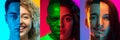 Cropped portraits of group of multiethnic people on multicolored background in neon light. Collage made of 6 models Royalty Free Stock Photo