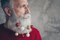 Cropped profile side photo of masculine brutal old man look elegant prepare for christmas time party hang x-mas baubles