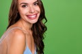 Cropped profile side photo of young woman happy positive smile skincare facial fresh pure isolated over green color Royalty Free Stock Photo