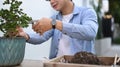 Cropped shot of  Asian man is trimming bonsai tree with pruning shears at his garden. Royalty Free Stock Photo