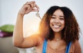 Proper start of adulthood. Cropped shot of a beautiful young woman holding house keys in her new home. Royalty Free Stock Photo