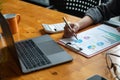 Cropped shot of business woman hands working on financial report. Close up image Royalty Free Stock Photo