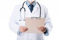 Cropped shot of doctor with stethoscope holding clipboard isolated on white