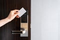 woman unlock apartment with modern security system, self check-in concept Royalty Free Stock Photo