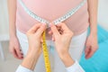 cropped shot of female obstetrician gynecologist measuring belly size of pregnant woman with measuring tape Royalty Free Stock Photo