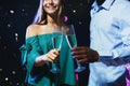 Cropped shot of happy friends with champagne flutes at night club party