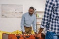 cropped shot of happy senior father and adult son playing table football Royalty Free Stock Photo