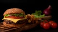 Cropped shot of homemade tasty beef burger with ingredients and french fries Royalty Free Stock Photo