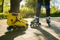 Cropped shot of man and boy legs wearing rollerblades Royalty Free Stock Photo