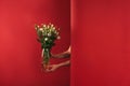 Cropped shot of person holding glass vase with beautiful white eustoma flowers Royalty Free Stock Photo