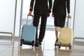 cropped shot of pilot and stewardess with suitcases walking