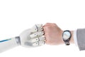 cropped shot of robot and businessman doing bro fist gesture on white Royalty Free Stock Photo