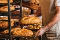 cropped shot of shop assistant arranging loafs of bread