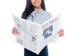 cropped shot of smiling african american woman reading business newspaper isolated Royalty Free Stock Photo