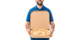 cropped shot of smiling delivery man holding pizza in box Royalty Free Stock Photo