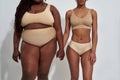 Cropped shot of two african american women in underwear with different body size holding each other hands, standing Royalty Free Stock Photo