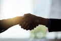 Business is all about formalities. Cropped shot of two silhouetted businesspeople shaking hands in the office. Royalty Free Stock Photo