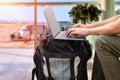 digital nomad sitting alone and typing on his laptop Royalty Free Stock Photo