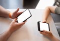 Cropped shot view of man hands typing Smartphone with blank copy space screen for your text message or information content with Royalty Free Stock Photo