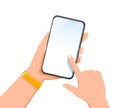 Cropped shot view of woman's hands holding smart phone with blank copy space screen for your text message or information Royalty Free Stock Photo