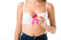 cropped shot of woman in bra holding pink ribbon breast cancer awareness concept Royalty Free Stock Photo