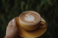 cropped shot of Woman holding cup of hot cappuccino on green background, top view. Royalty Free Stock Photo