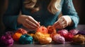 Cropped shot of woman with knitting needles and yarn balls at table