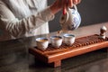 Woman pouring tea in traditional chinese teaware. Royalty Free Stock Photo